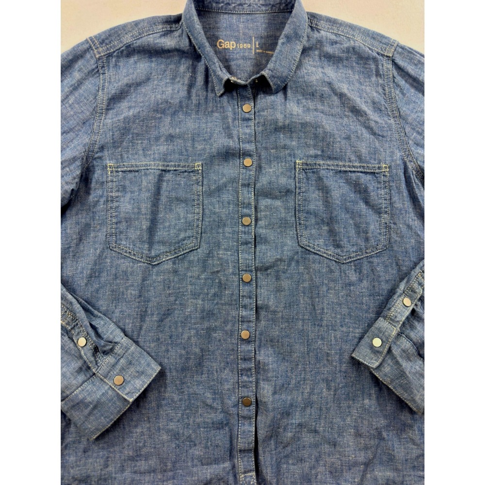 Gap 1969 Womens Large Blue Linen Cotton Blend Snap Front Chambray Shirt - Picture 3 of 8